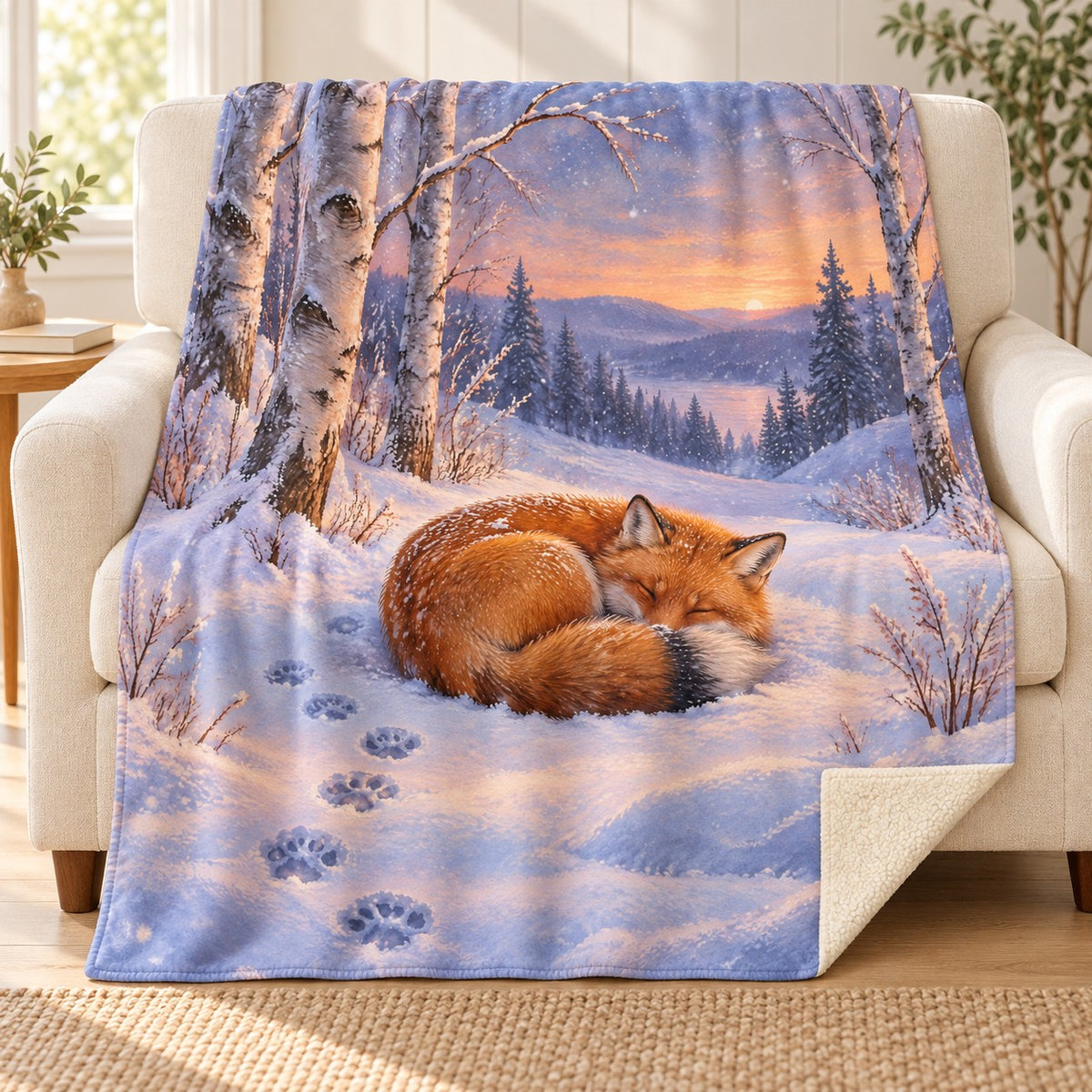 Birchwood Fox blanket, on a sofa