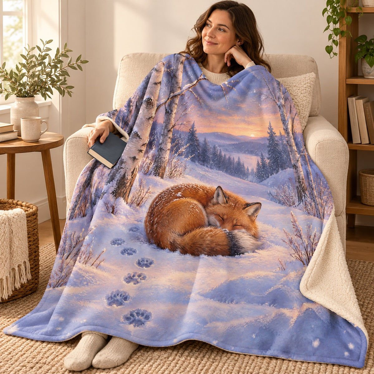 Birchwood Fox blanket, wrapped around a reader