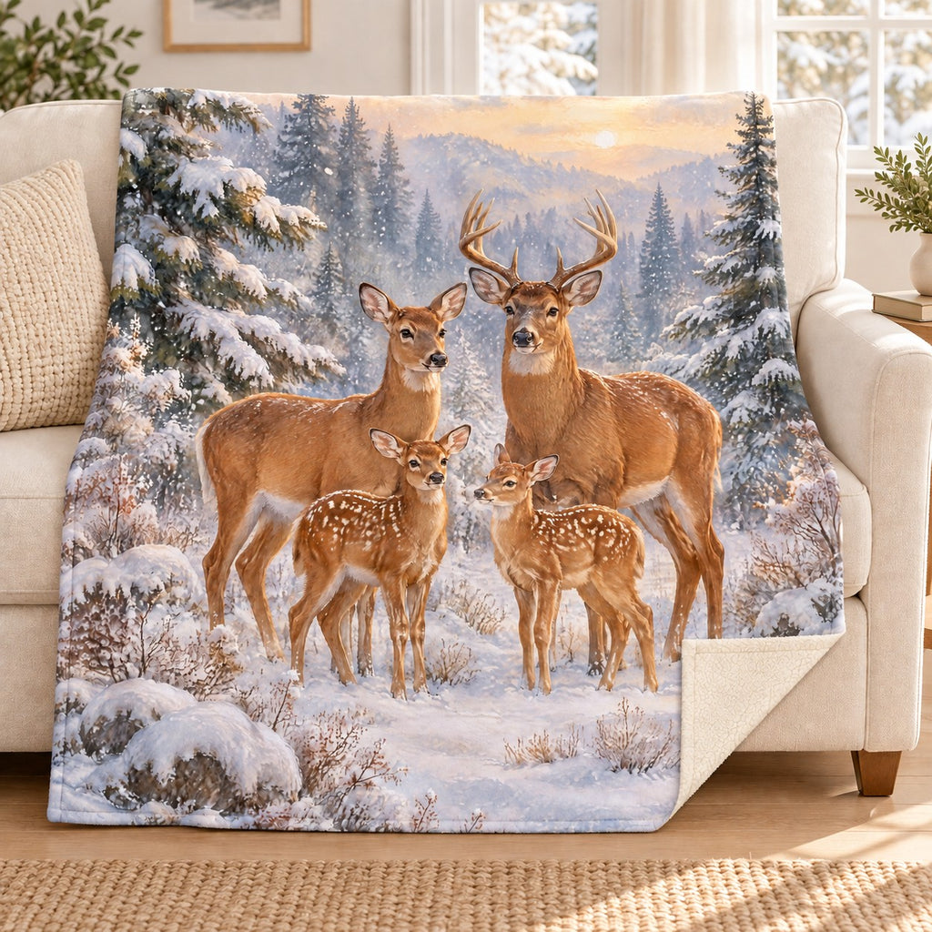 Snowfall Deer blanket, on a sofa
