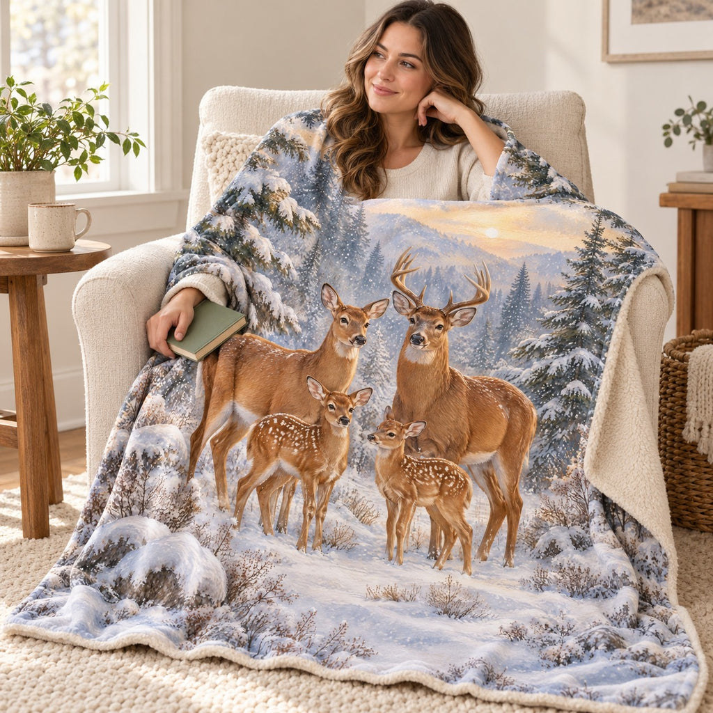 Snowfall Deer blanket, wrapped around a reader