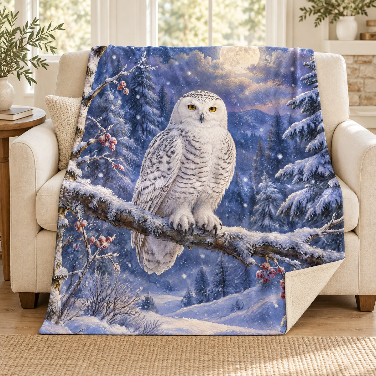 Moonlit Snowy Owl blanket, on a sofa