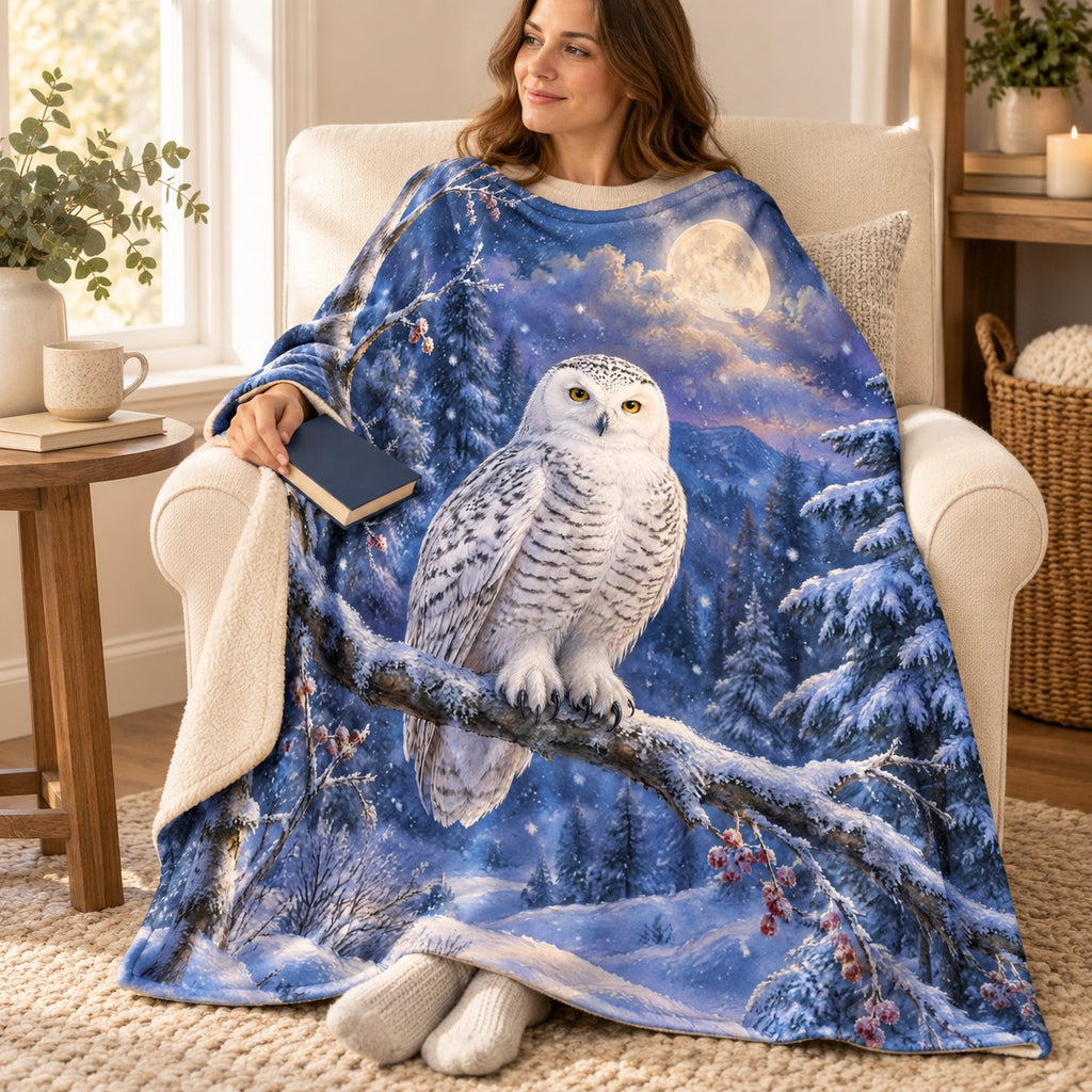 Moonlit Snowy Owl blanket, wrapped around a reader