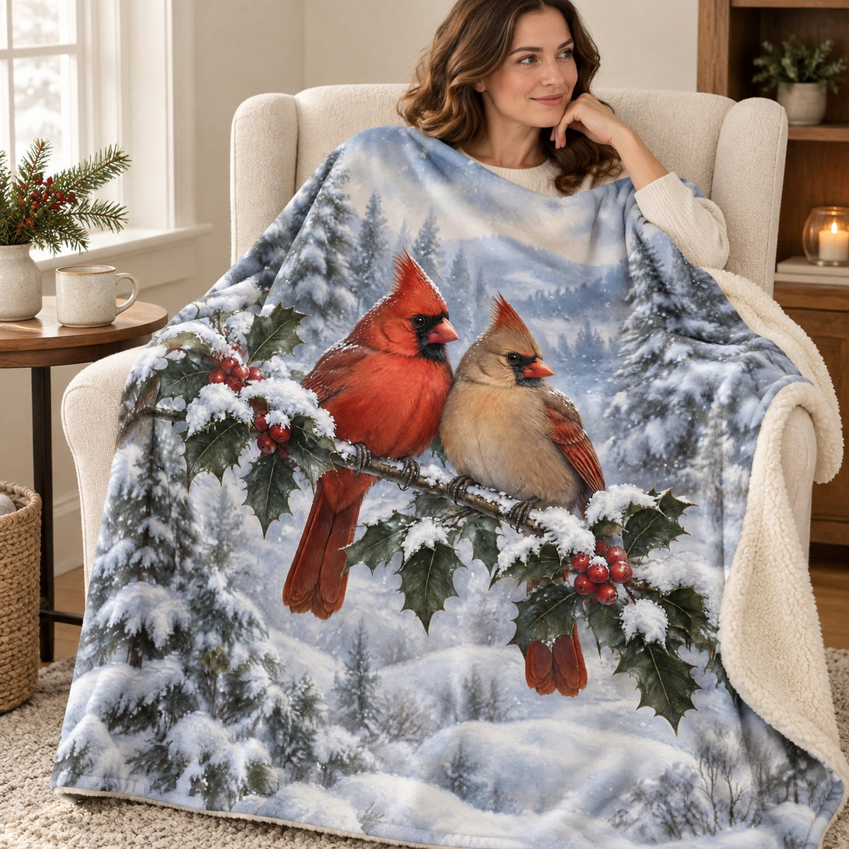 Holly Cardinals blanket, wrapped around a reader