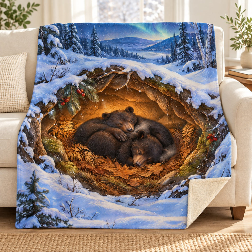Cozy Bear Den blanket, on a sofa