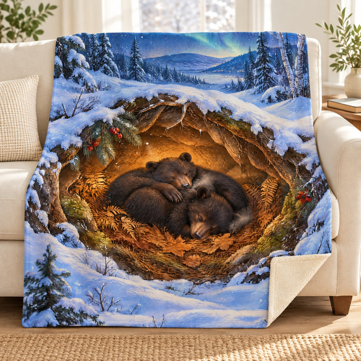 Cozy Bear Den blanket, on a sofa