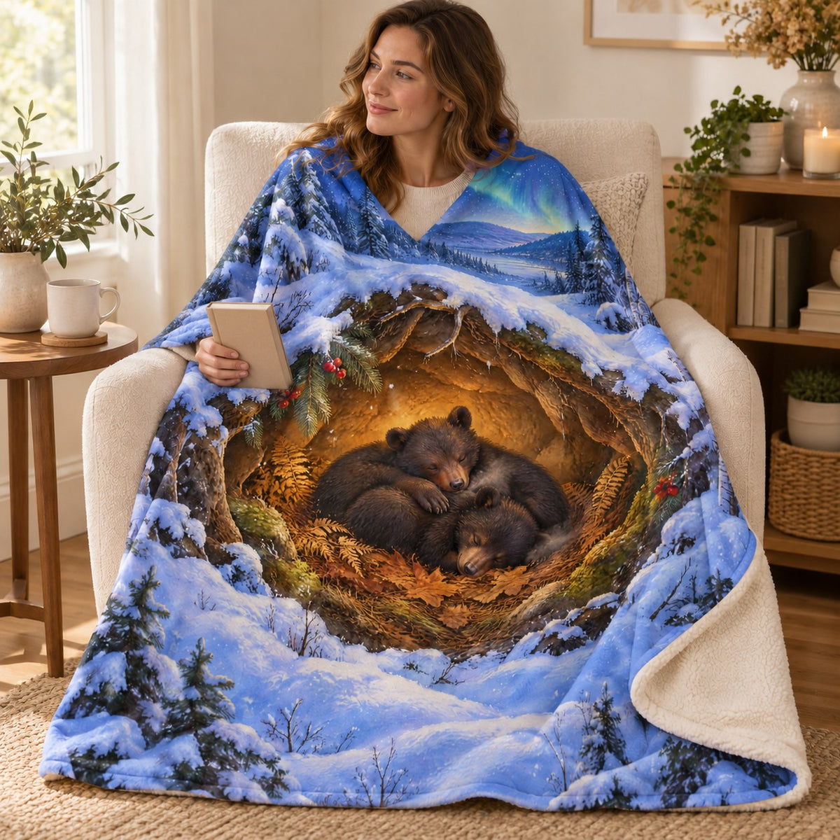 Cozy Bear Den blanket, wrapped around a reader