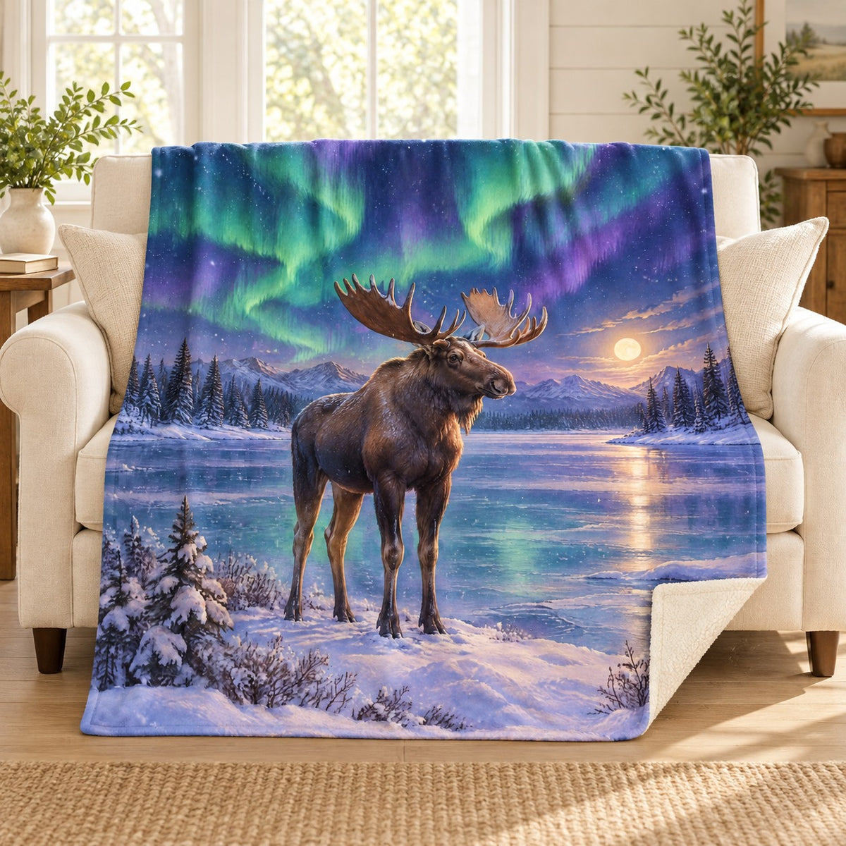 Aurora Moose blanket, on a sofa
