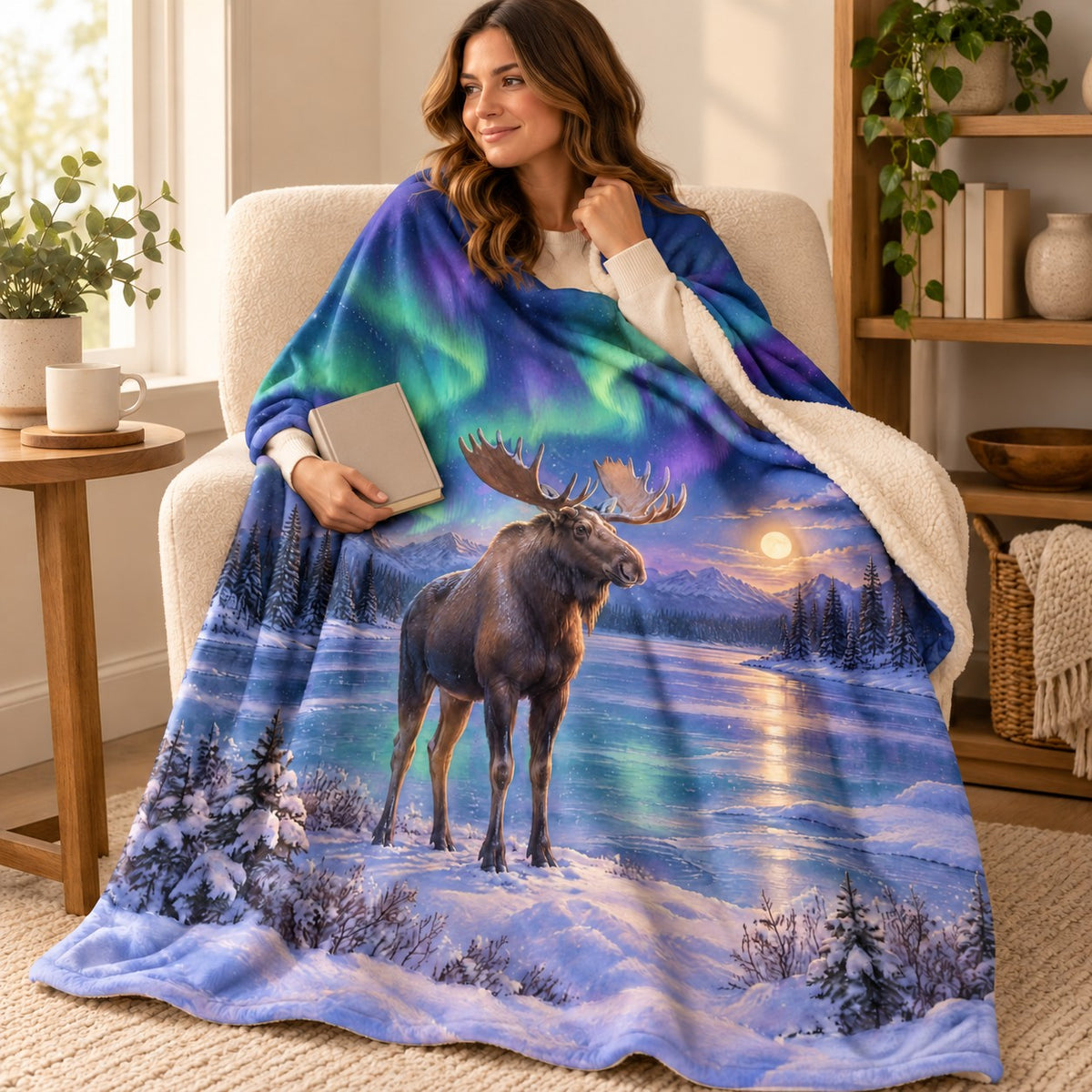 Aurora Moose blanket, wrapped around a reader