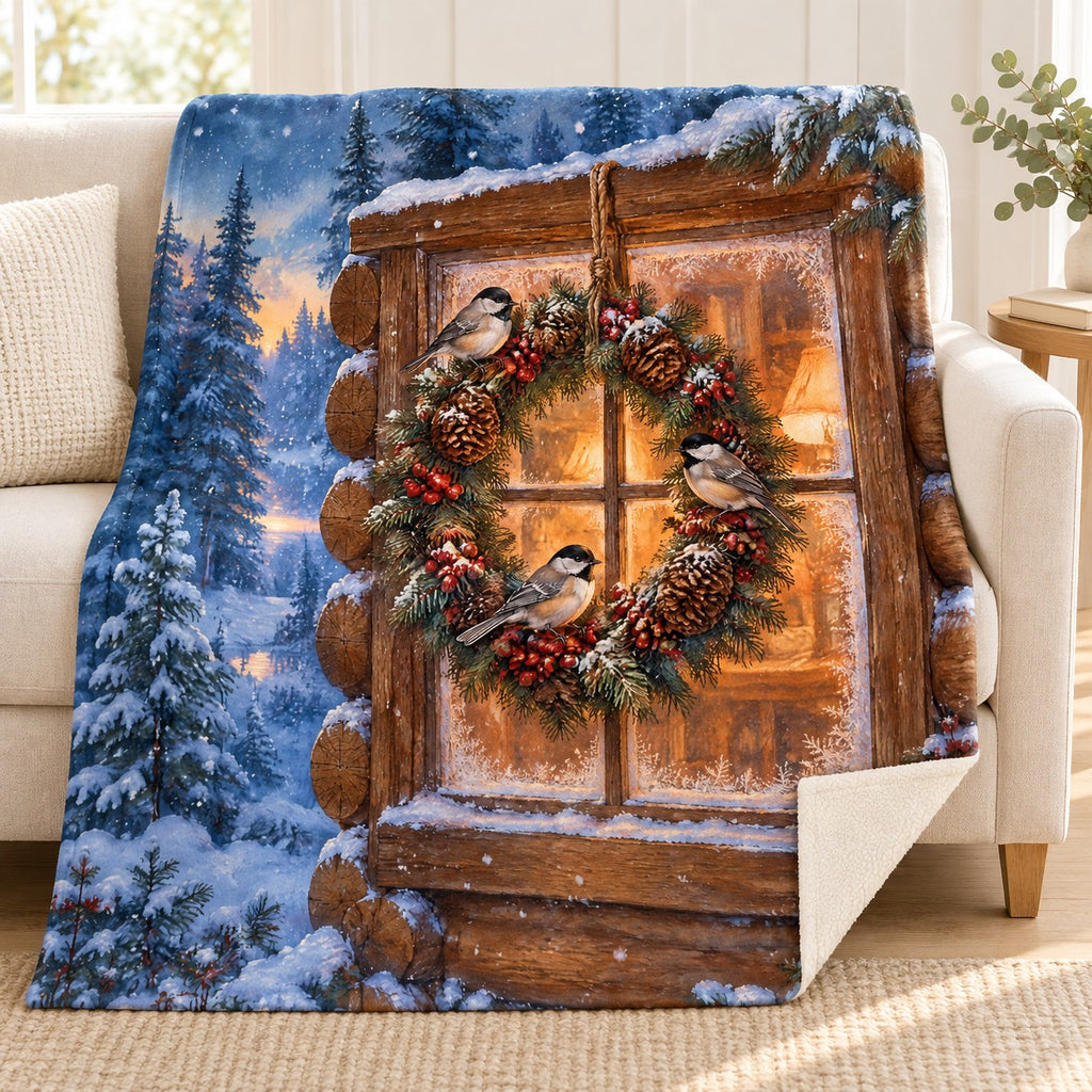 Cabin Chickadees blanket, on a sofa
