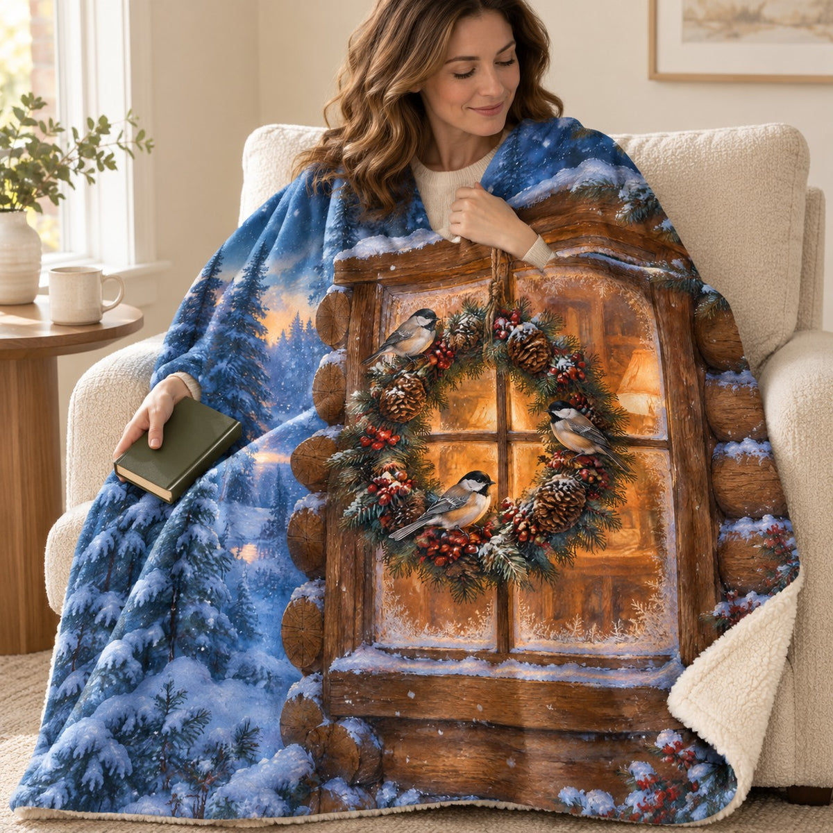 Cabin Chickadees blanket, wrapped around a reader