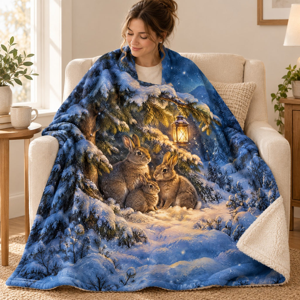 Lantern Rabbits blanket, wrapped around a reader