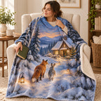 Cottage Lantern Path blanket, wrapped around a reader