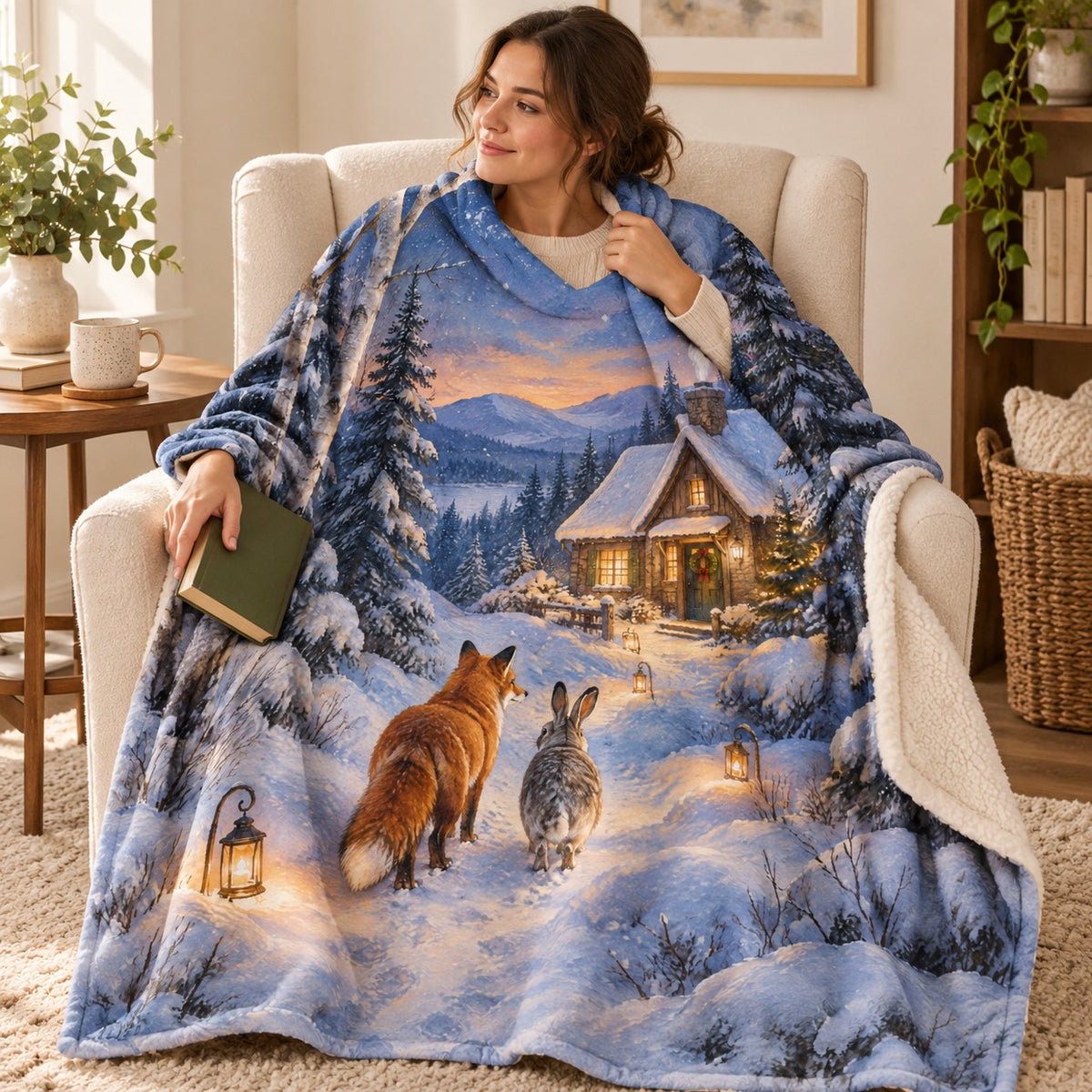 Cottage Lantern Path blanket, wrapped around a reader