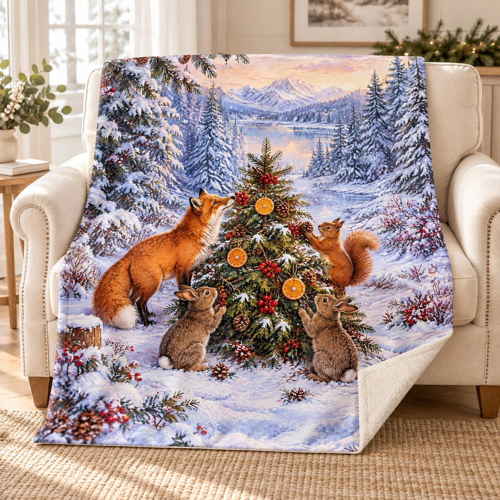 Woodland Christmas Tree blanket, on a sofa