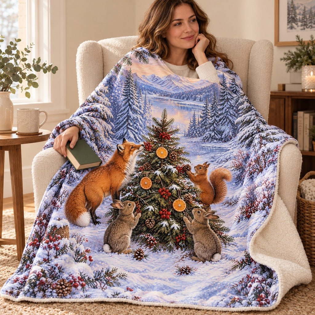 Woodland Christmas Tree blanket, wrapped around a reader