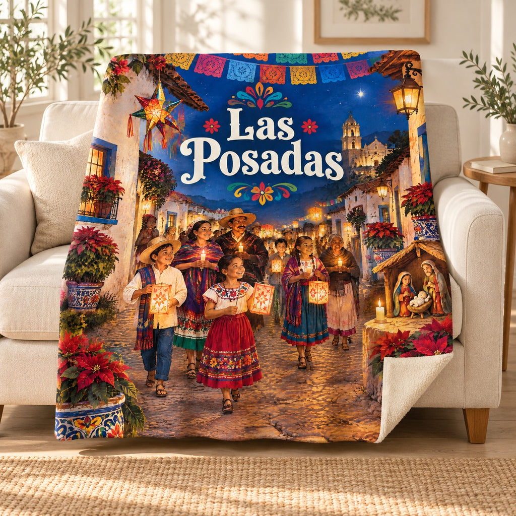 Las Posadas blanket, on a sofa