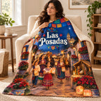 Las Posadas blanket, wrapped around a reader