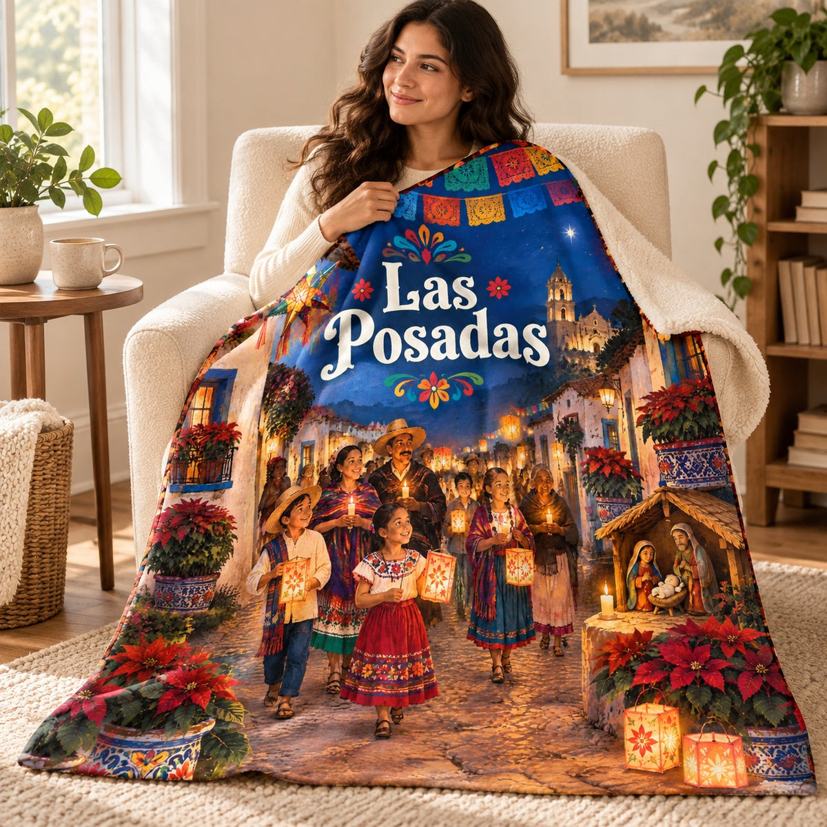 Las Posadas blanket, wrapped around a reader