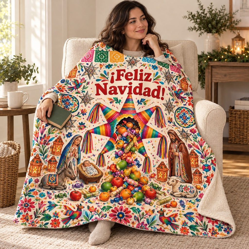 ¡Feliz Navidad! blanket, wrapped around a reader