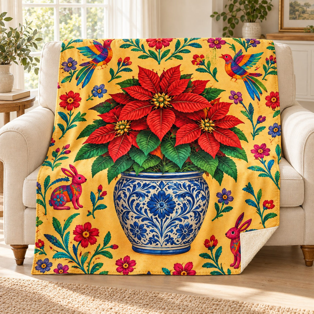 Talavera Nochebuena blanket, on a sofa