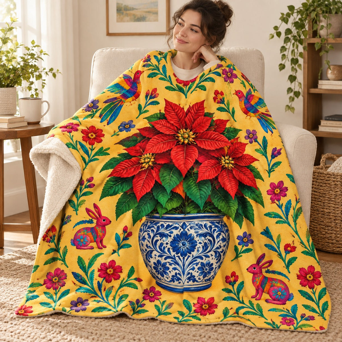 Talavera Nochebuena blanket, wrapped around a reader
