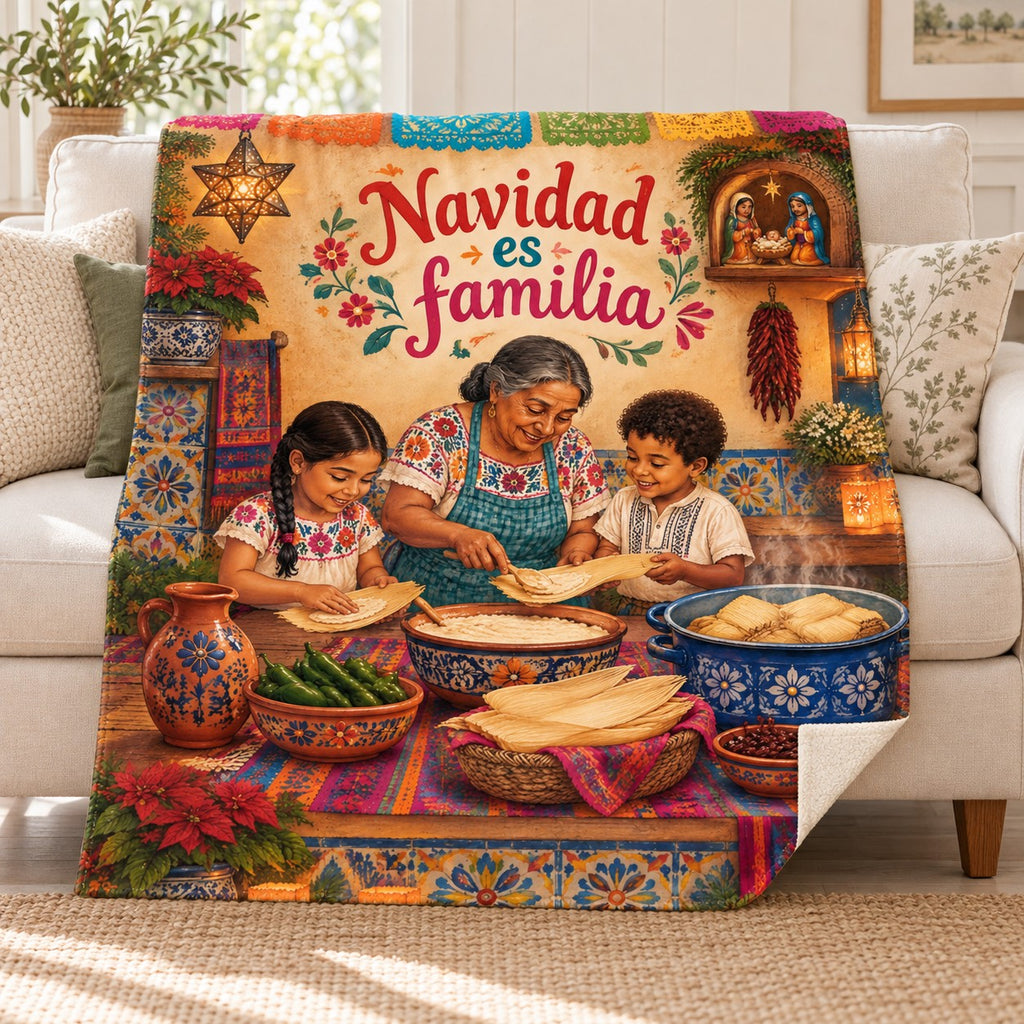 Navidad es familia blanket, on a sofa