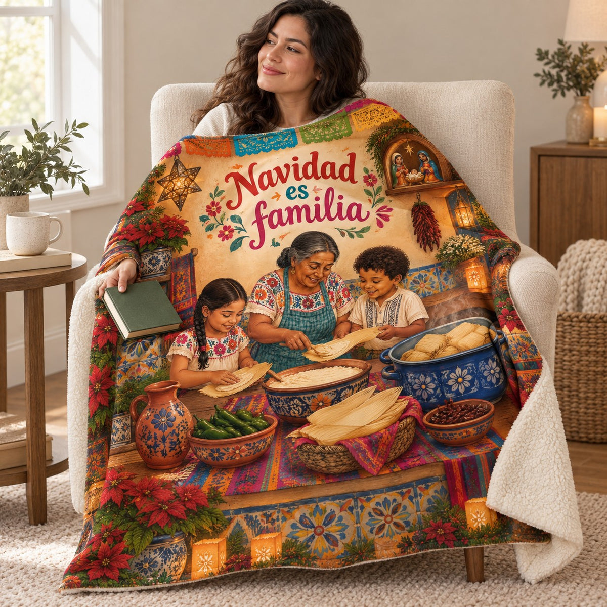 Navidad es familia blanket, wrapped around a reader