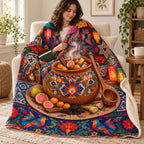 Ponche Navideño blanket, wrapped around a reader