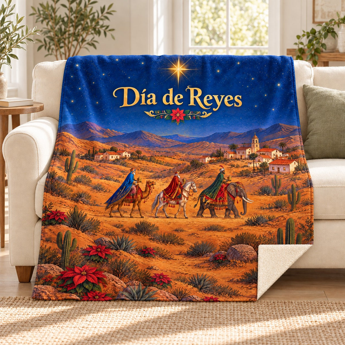 Día de Reyes blanket, on a sofa