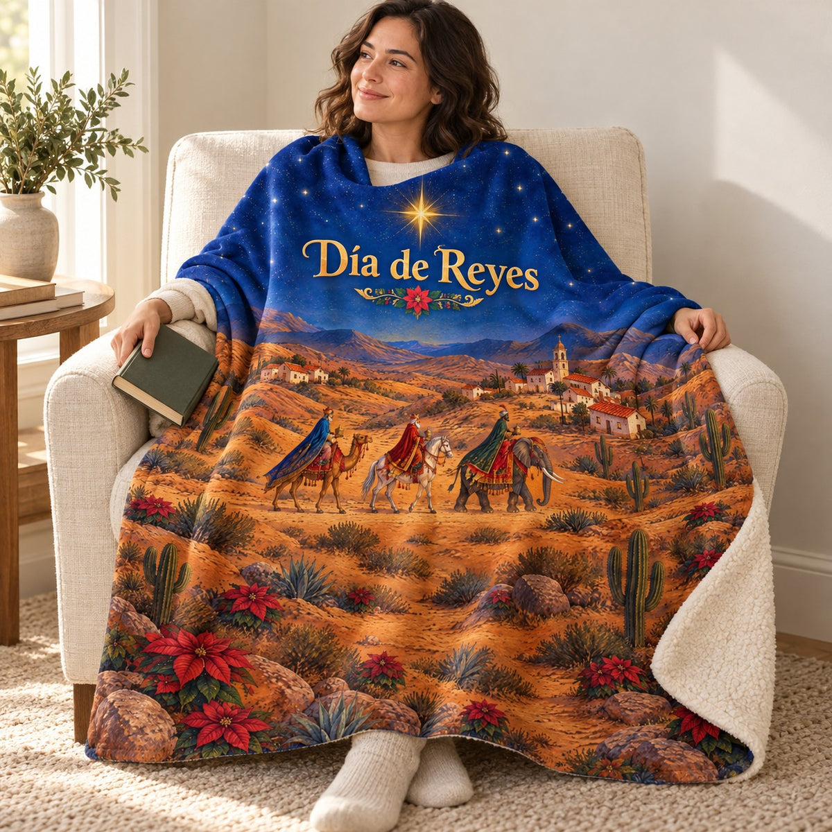 Día de Reyes blanket, wrapped around a reader
