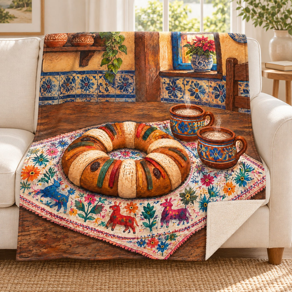 Rosca de Reyes blanket, on a sofa