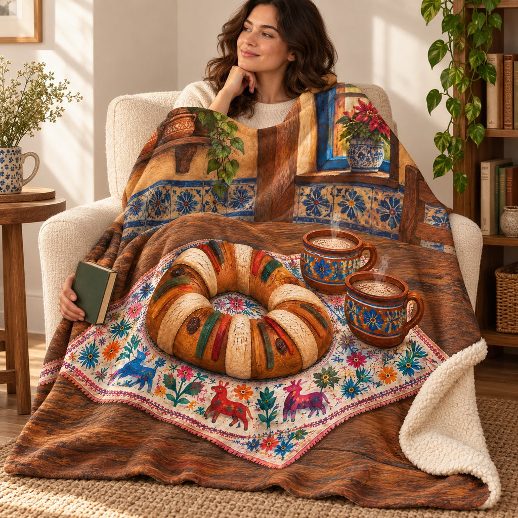 Rosca de Reyes blanket, wrapped around a reader