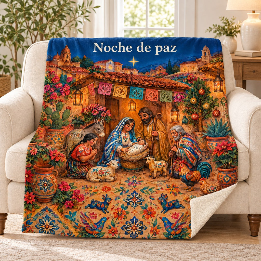 Noche de paz blanket, on a sofa
