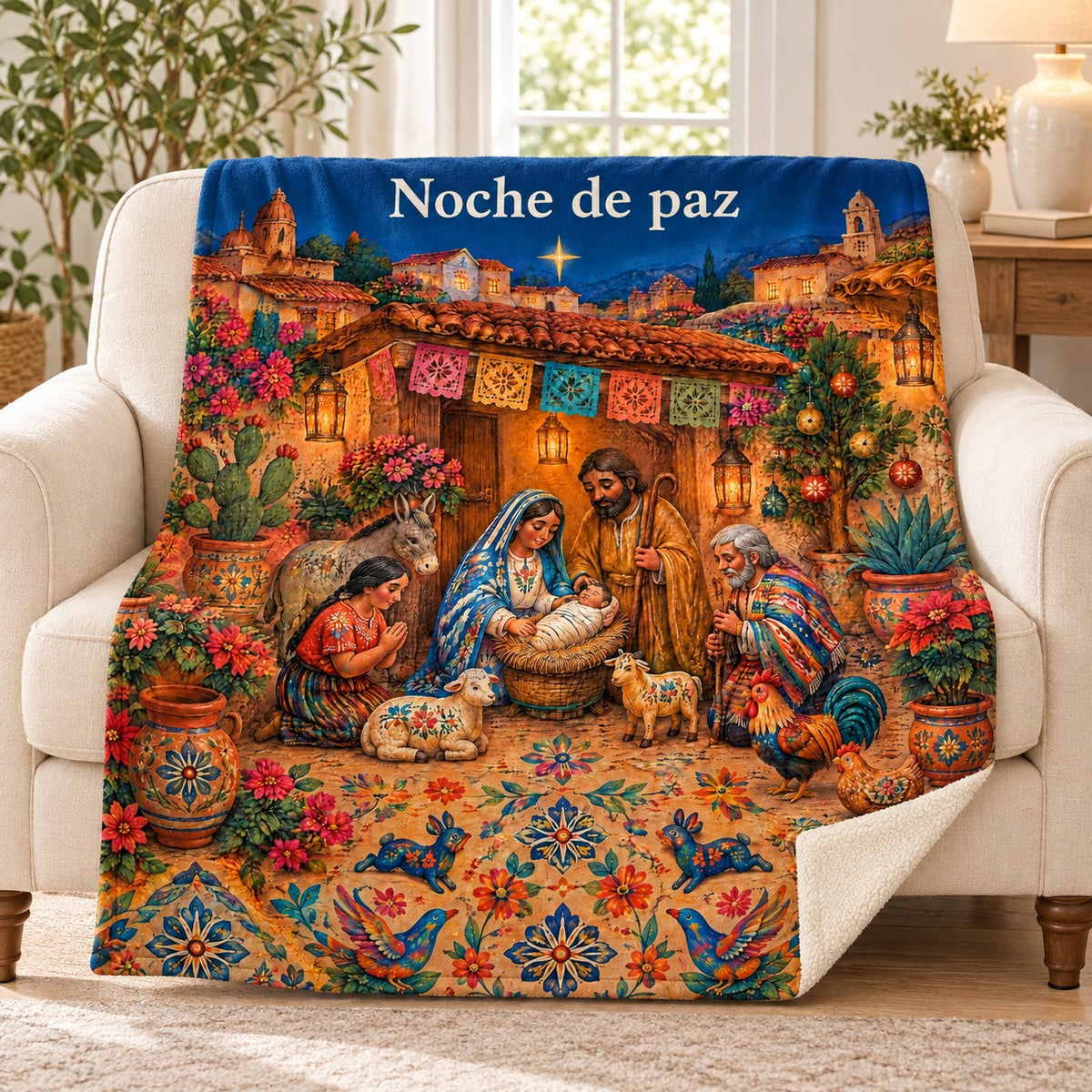Noche de paz blanket, on a sofa