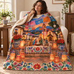 Farolito Plaza blanket, wrapped around a reader