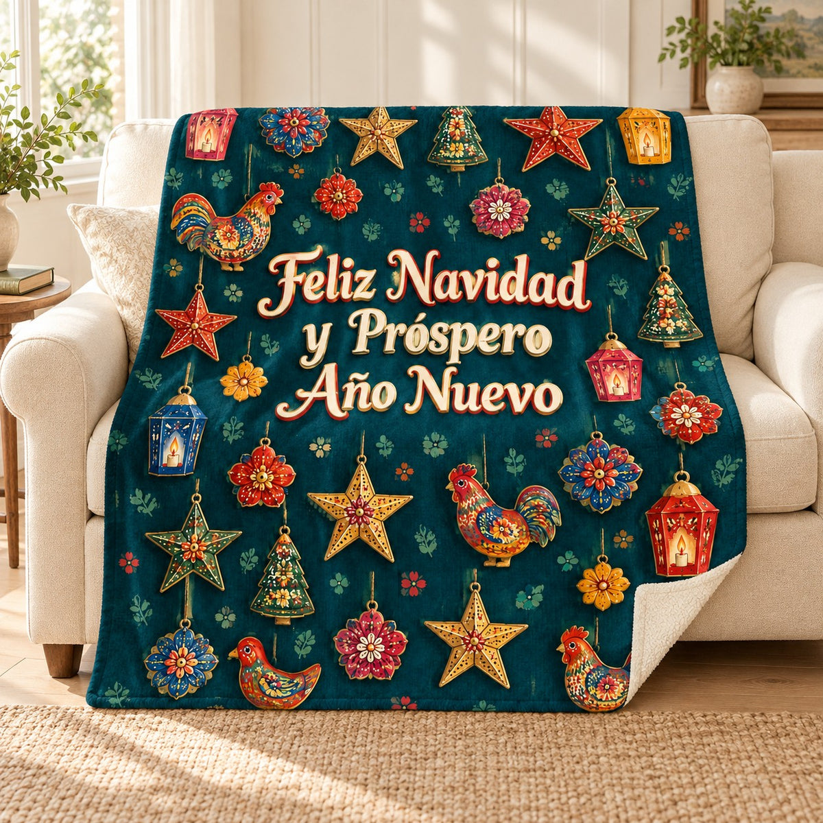 Feliz Navidad y Próspero Año Nuevo blanket, on a sofa