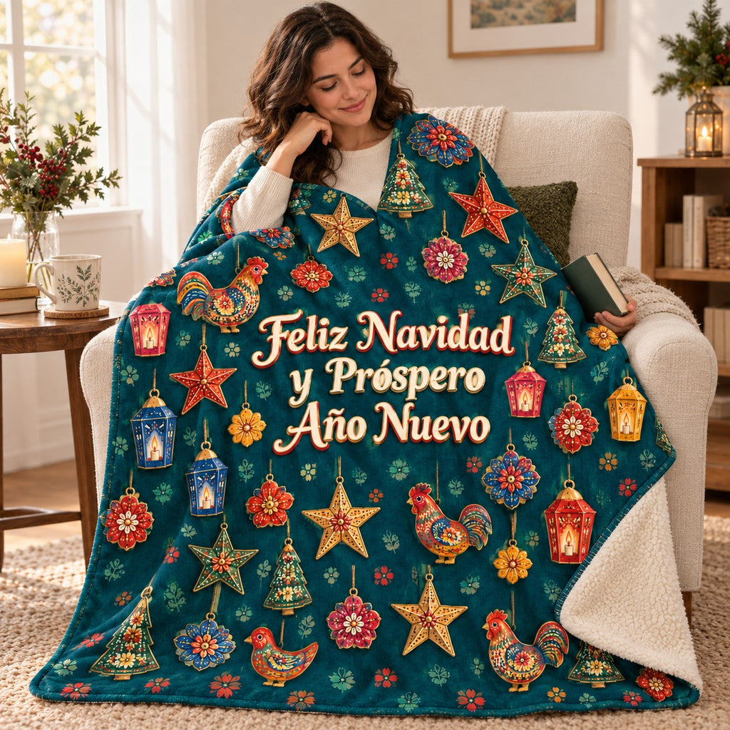 Feliz Navidad y Próspero Año Nuevo blanket, wrapped around a reader