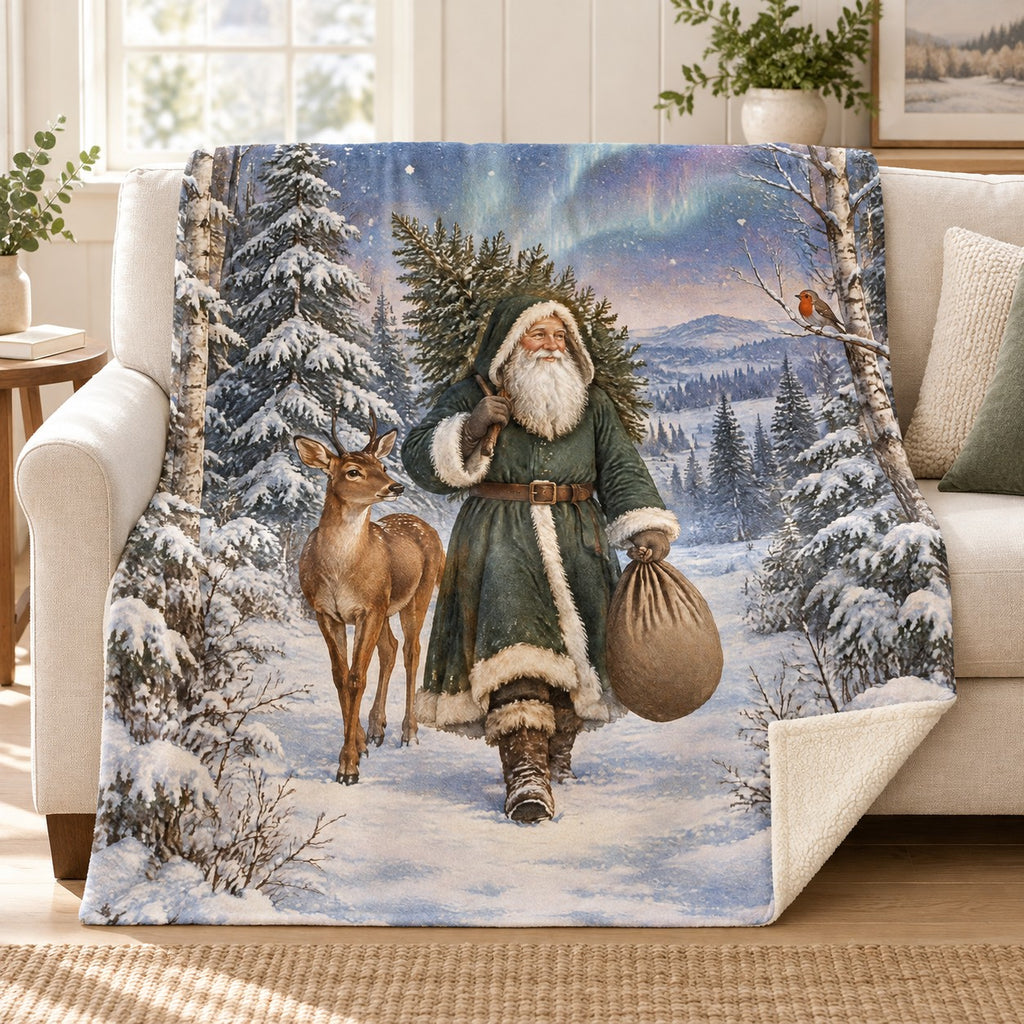Forest Saint Nicholas blanket, on a sofa