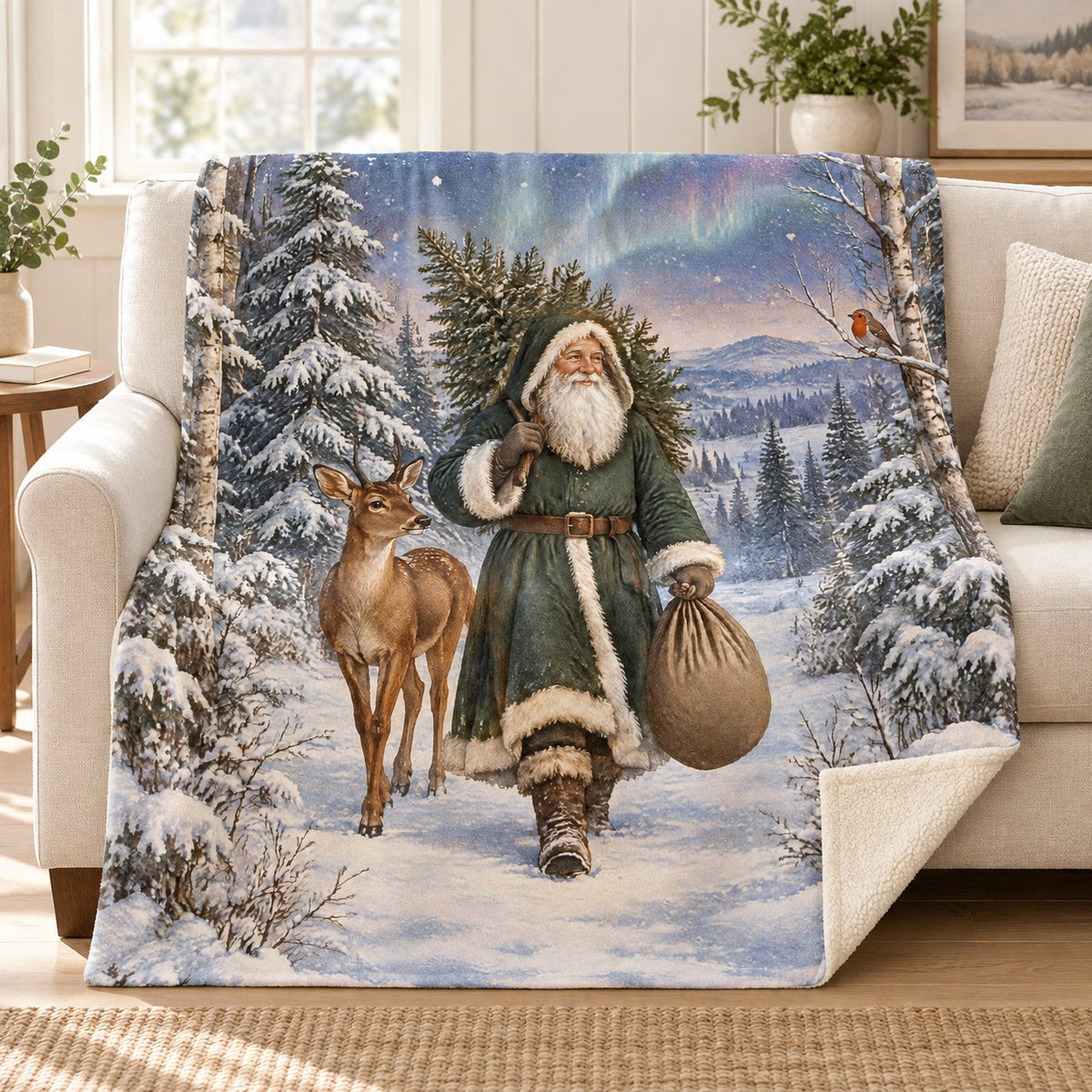 Forest Saint Nicholas blanket, on a sofa