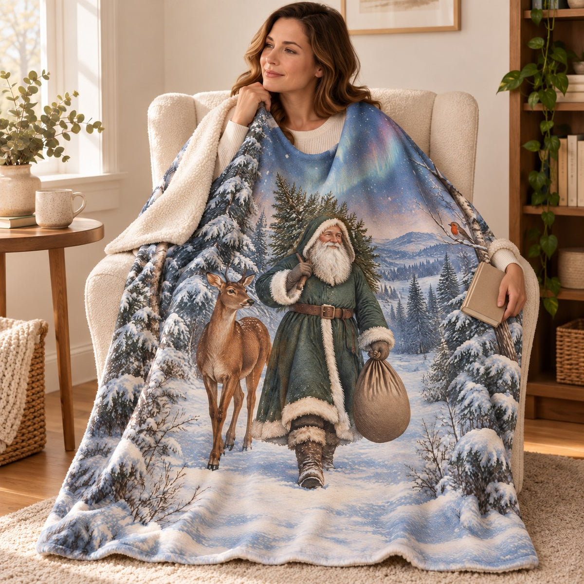 Forest Saint Nicholas blanket, wrapped around a reader