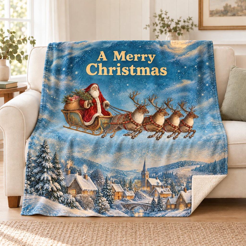 A Merry Christmas blanket, on a sofa