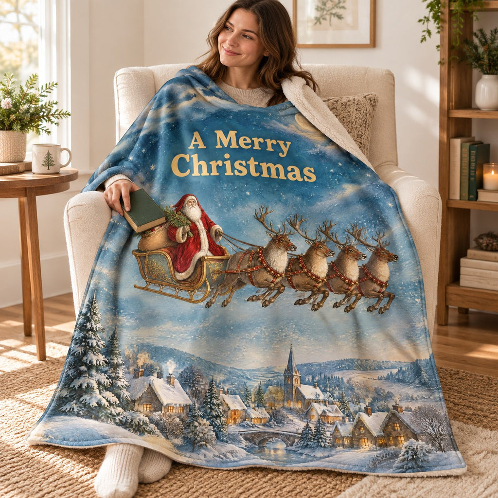 A Merry Christmas blanket, wrapped around a reader