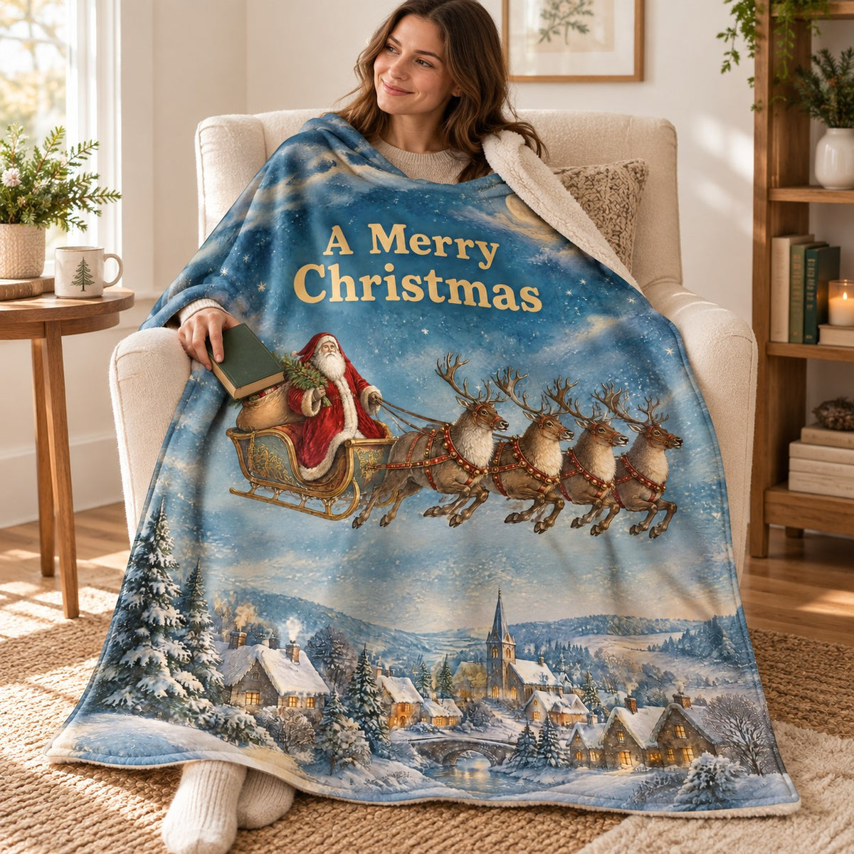 A Merry Christmas blanket, wrapped around a reader