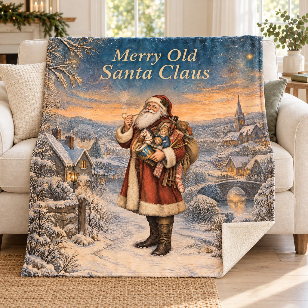 Merry Old Santa Claus blanket, on a sofa
