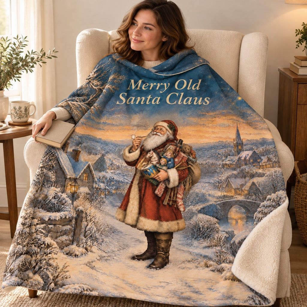 Merry Old Santa Claus blanket, wrapped around a reader