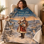 Merry Old Santa Claus blanket, wrapped around a reader
