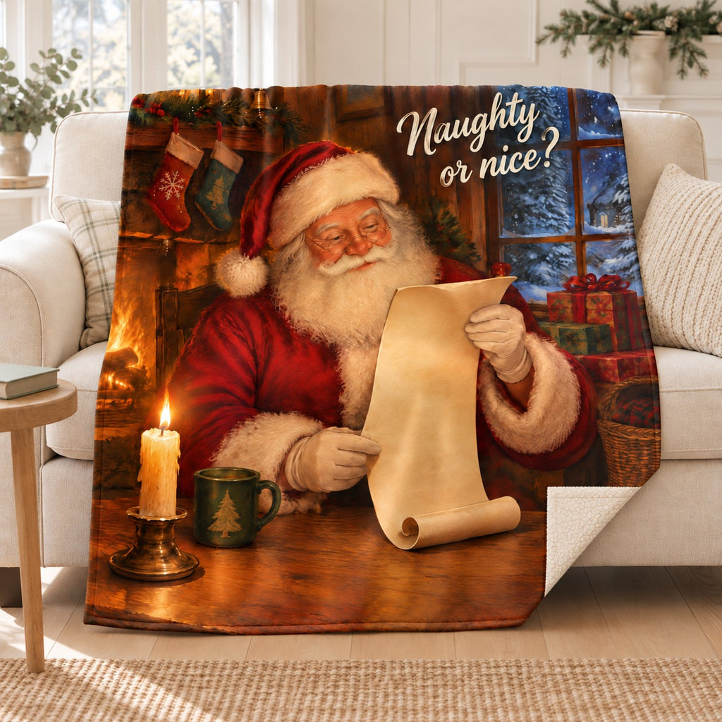 Naughty or nice? blanket, on a sofa