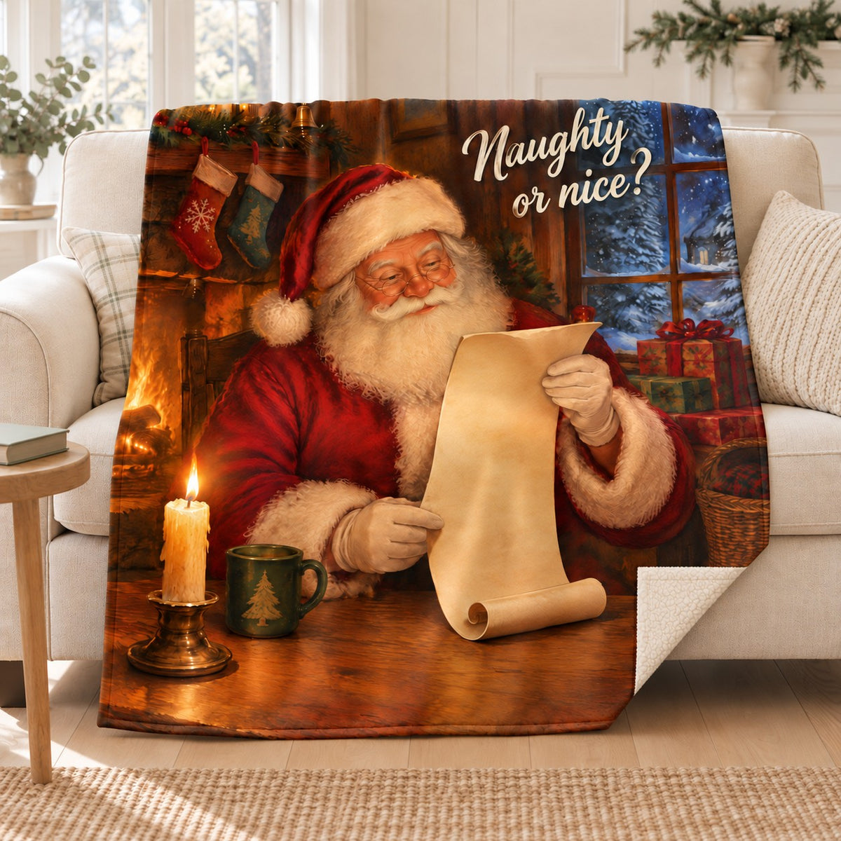 Naughty or nice? blanket, on a sofa