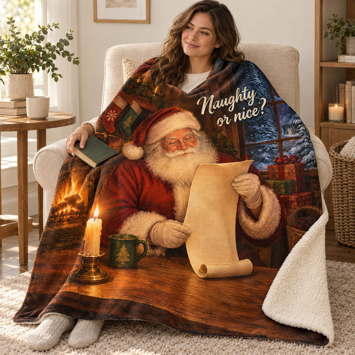 Naughty or nice? blanket, wrapped around a reader