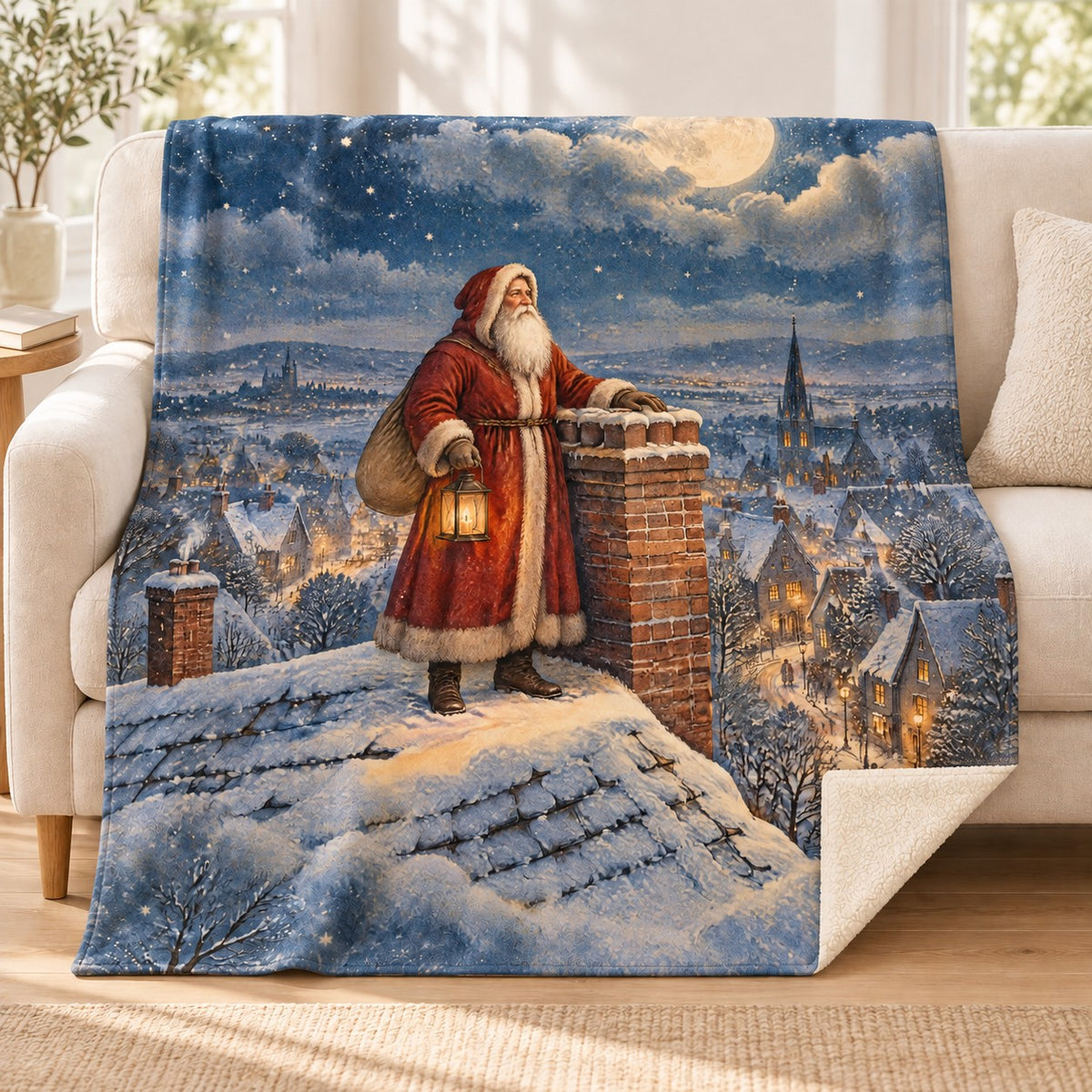 Moonlit Santa blanket, on a sofa